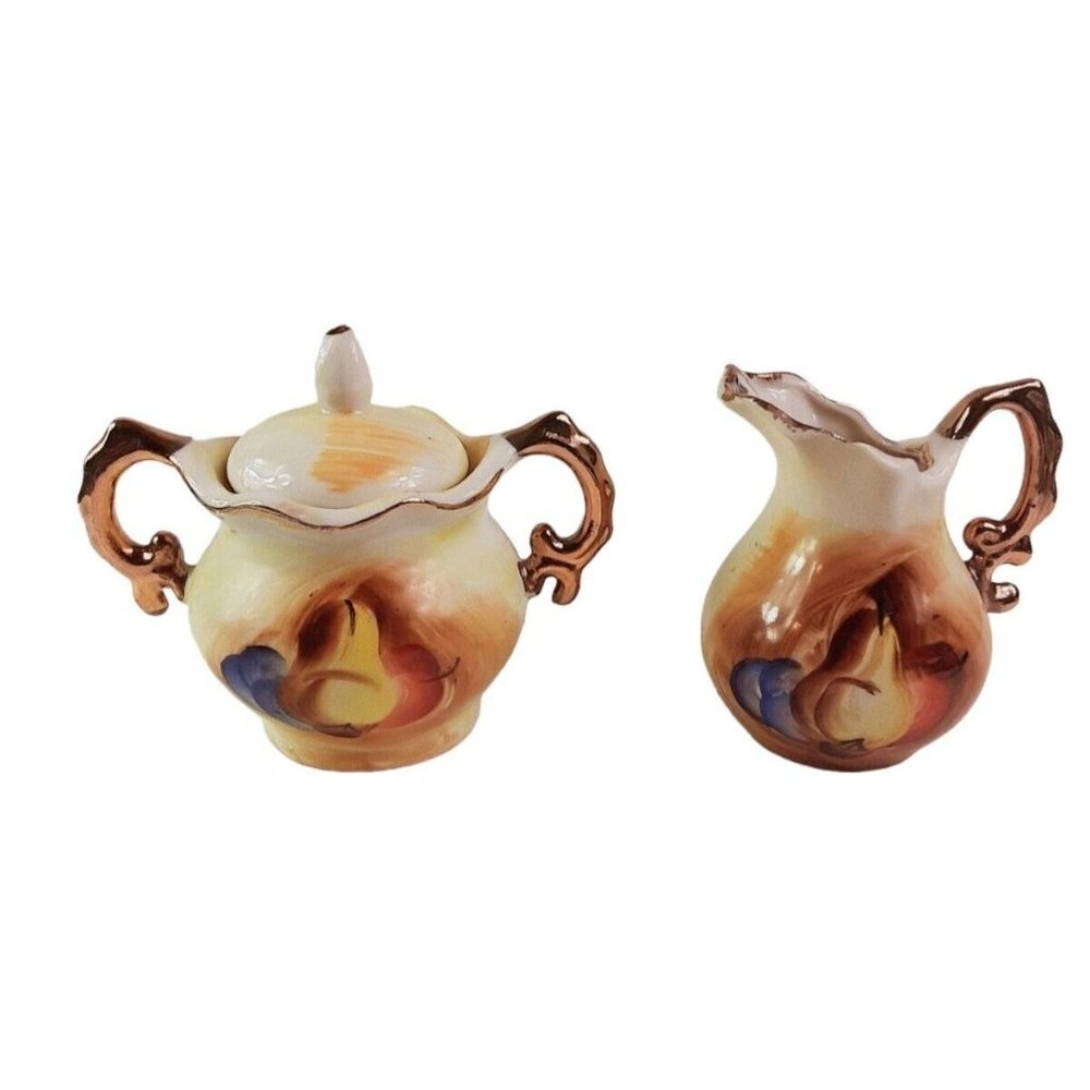 Vintage Enesco Porcelain Creamer and Sugar Bowl Set Hand Painted Fruit Design/GC